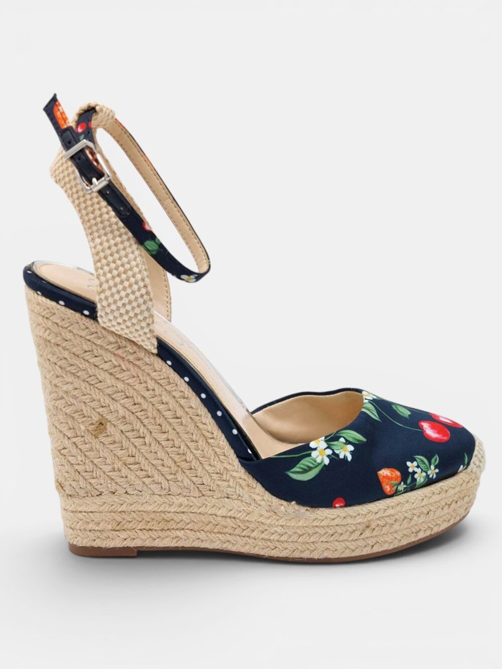 Jessica Simpson Fruit Print Espadrille Wedge Heels Sz 8.5 Navy Cherry Strawberry